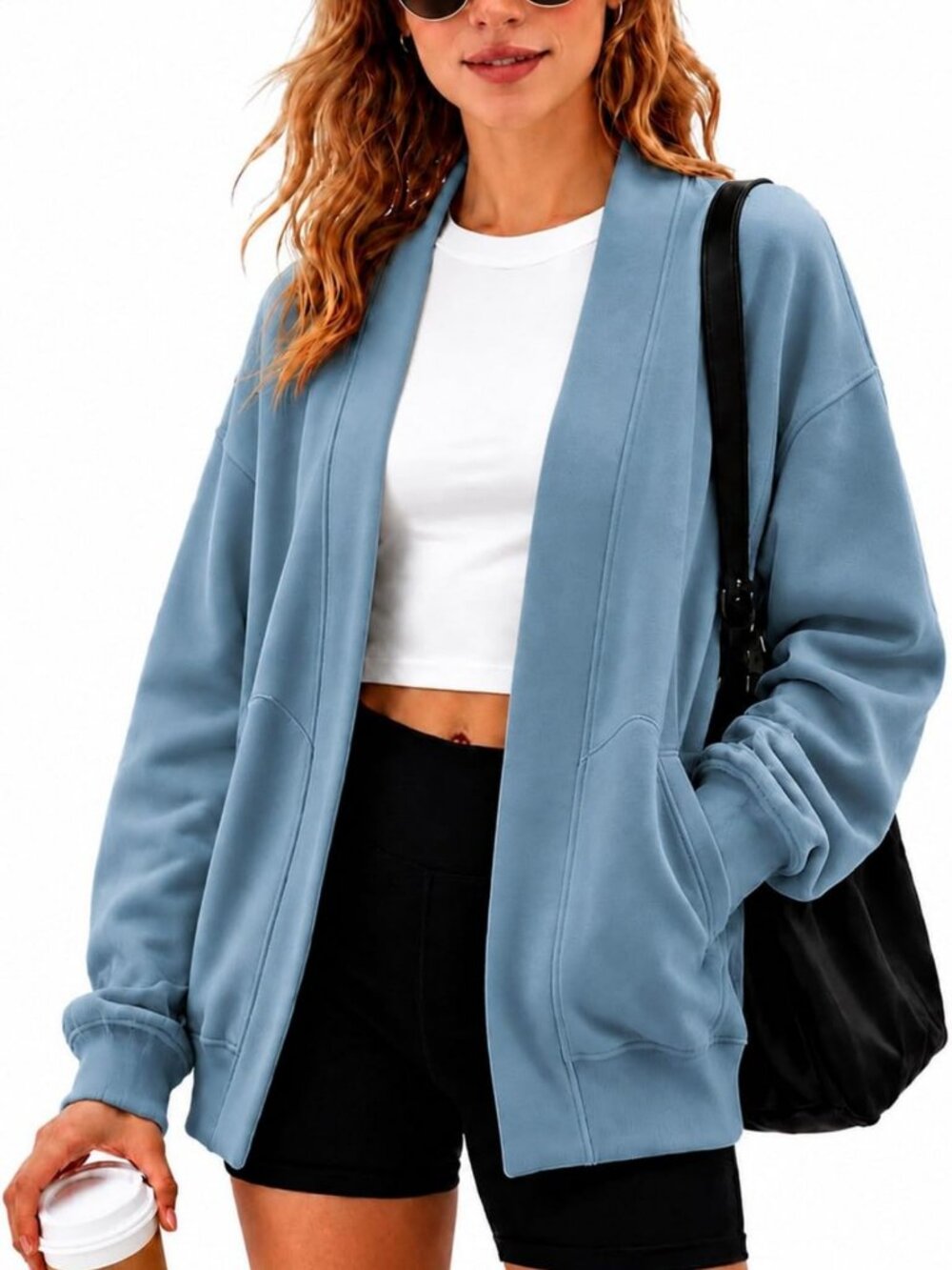 Oversized Cotton Open Front Cardigan - Lightweight Casual Sweatshirt Jacket with